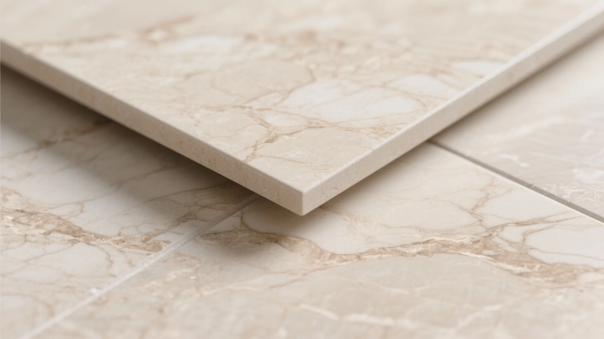 Macro view of creamy stone-look porcelain with warm cappuccino veining and matte slip-rated finish.