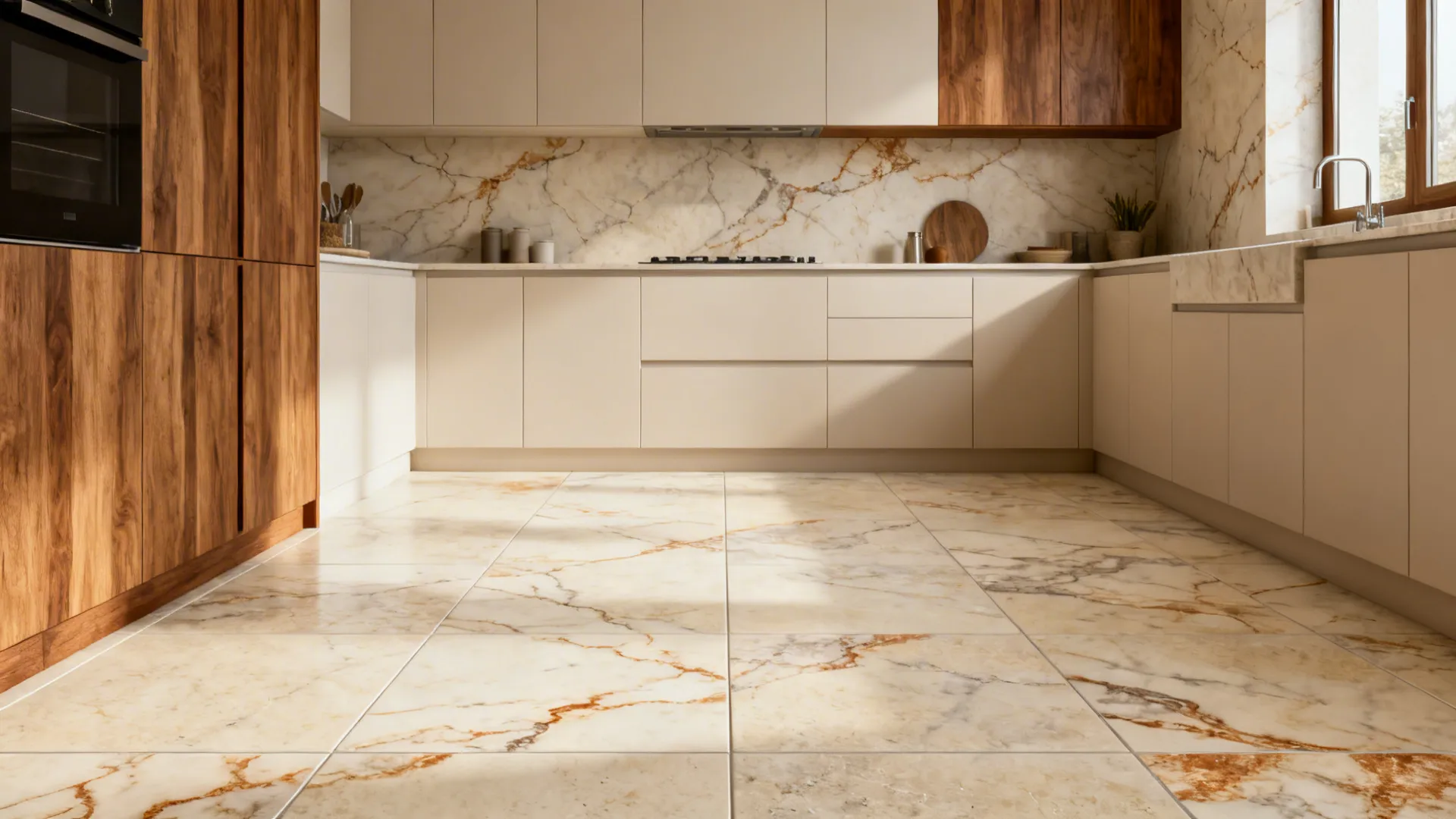 Kitchen with stone-look porcelain in warm veining paired with oak or walnut accents.