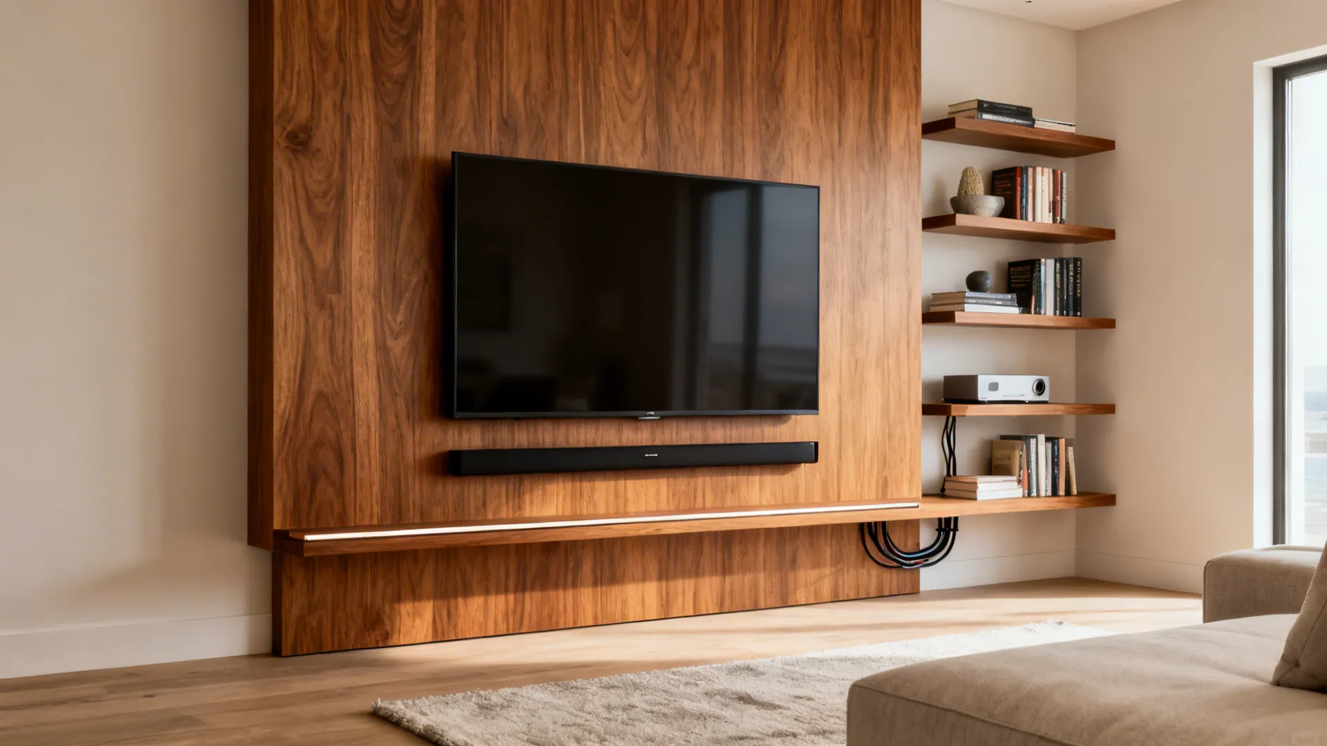 Floating teak veneer TV panel with slim soundbar ledge and staggered shelves in a compact Indian living room.
