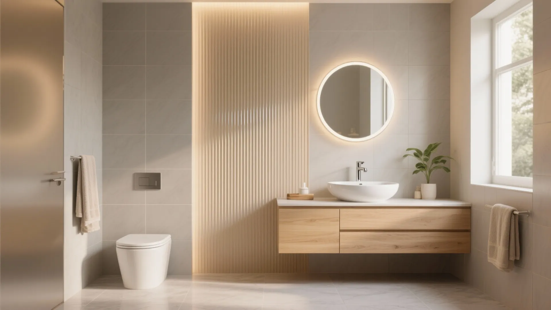 Minimalist bathroom featuring round backlit mirror wooden floating cabinet white toilet and vertical wall panel