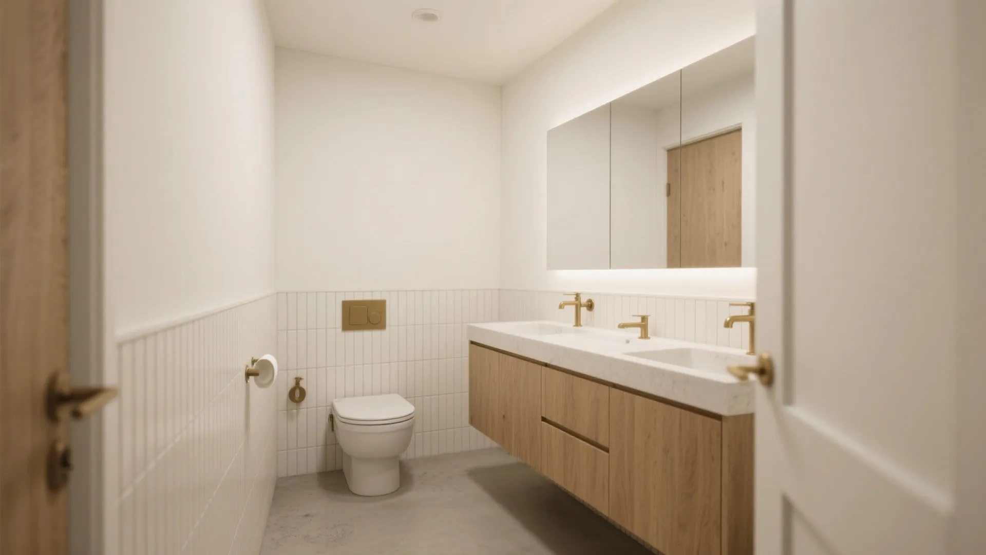 Warm white 8x4 bathroom with vertical ribbing and light oak details.