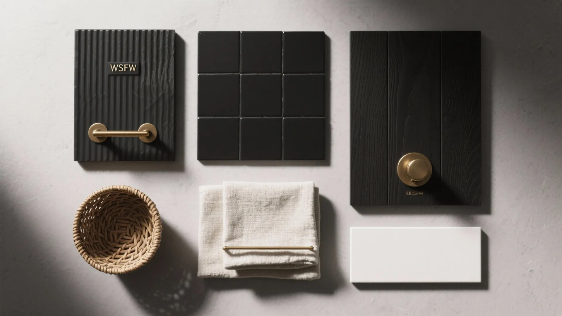 Selection of black wood panels gold hardware dark tiles white tile towel and woven basket