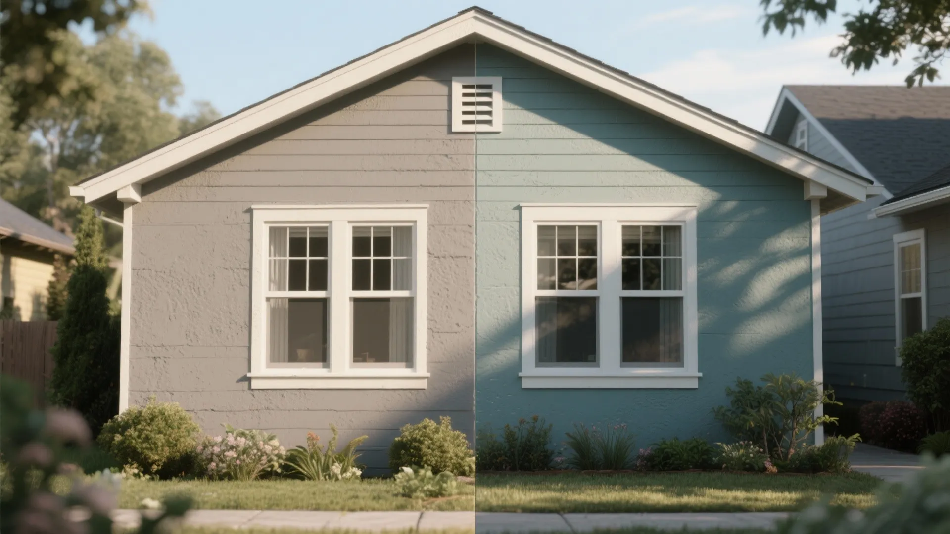 Before-and-after comparison of a house exterior showing a grey wall versus a blue wall paint