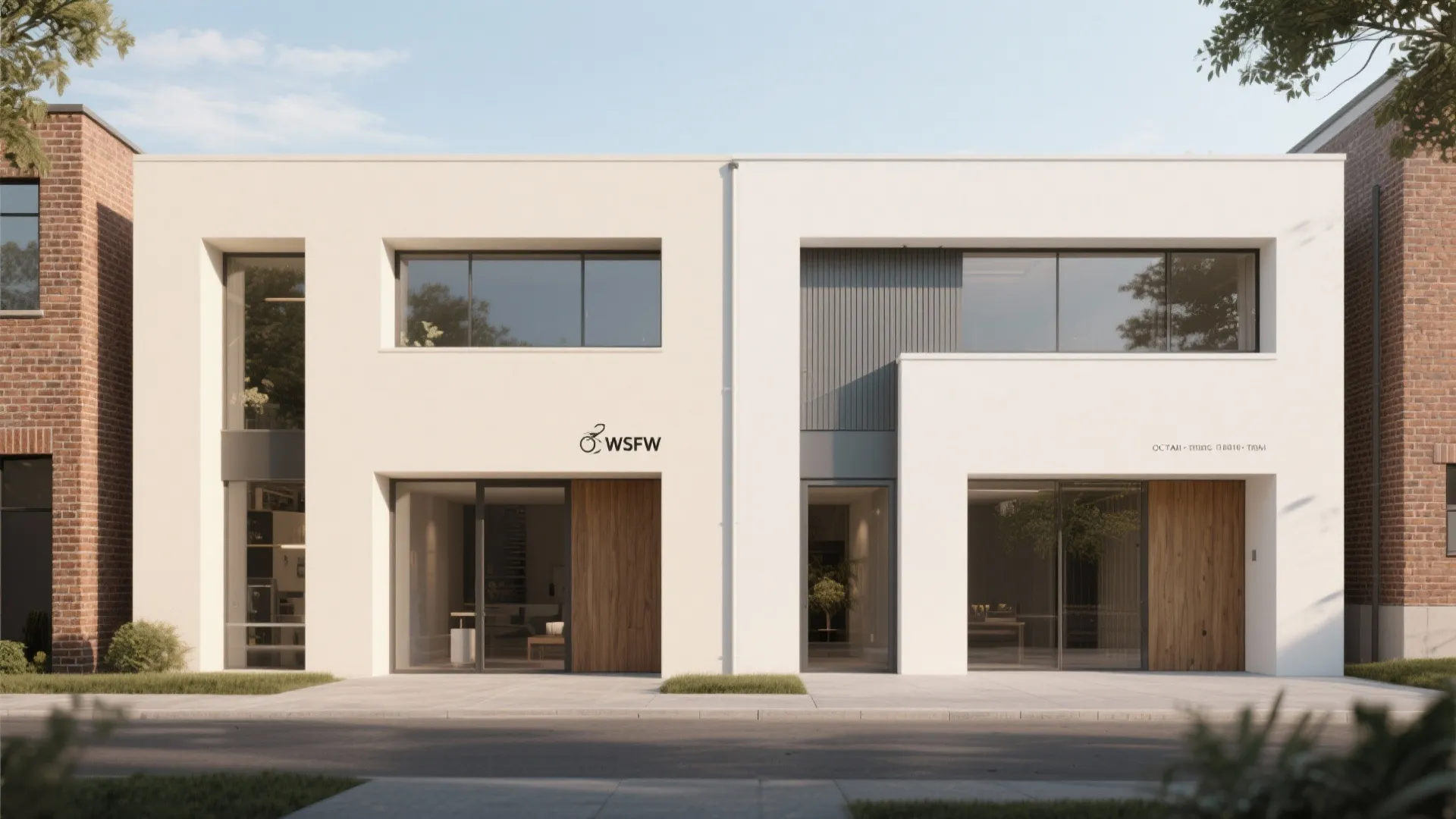Modern white two-story building exterior with large windows wood doors and clean interior design drawing