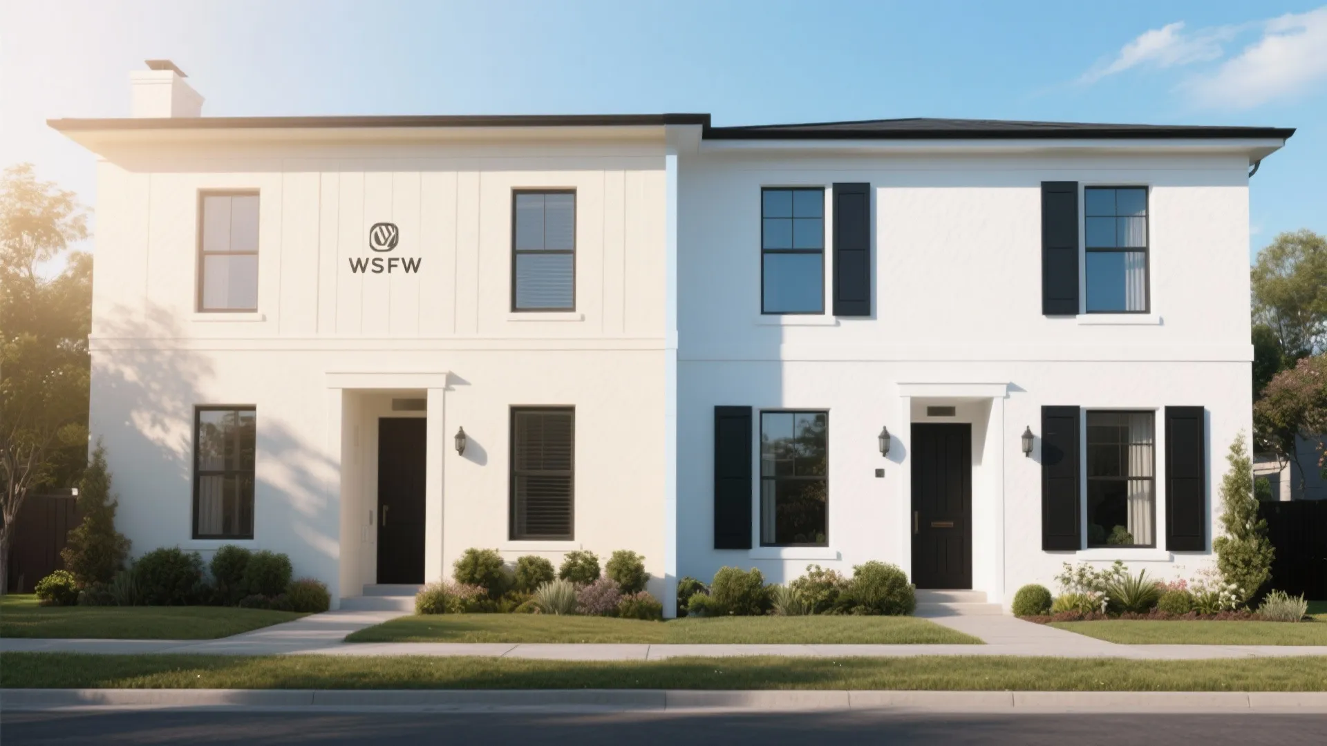 Side-by-side facades showing warm off-white and cool bright white under different daylight conditions.