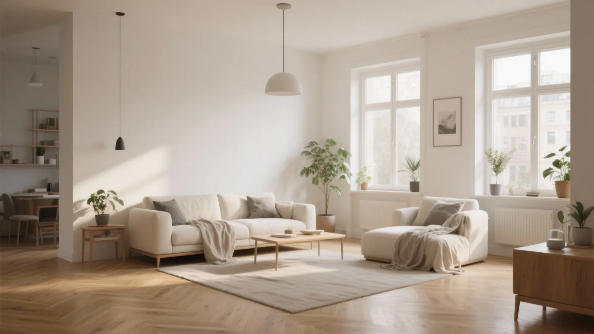 Bright living room featuring white sofa coffee table green plants and large windows with natural sunlight