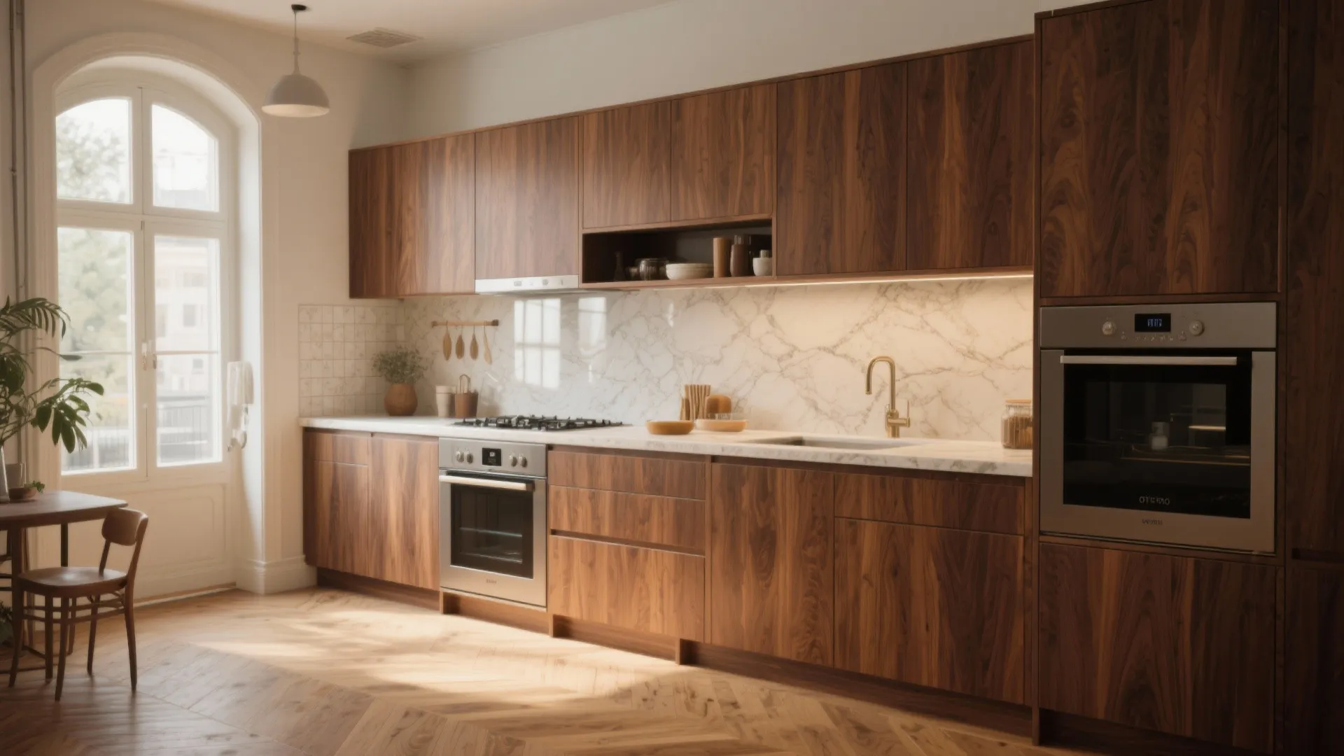 Studio kitchen with warm walnut cabinets, light countertops, and reflective backsplash under soft daylight