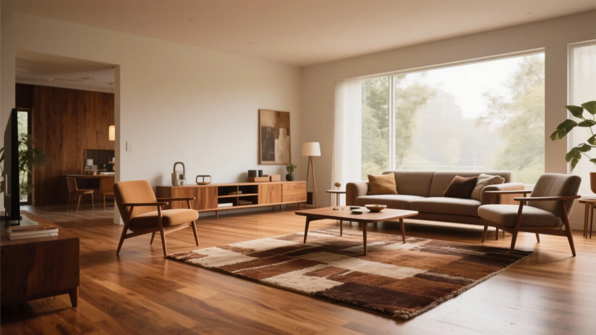 Living room with warm walnut flooring and mid-century decor