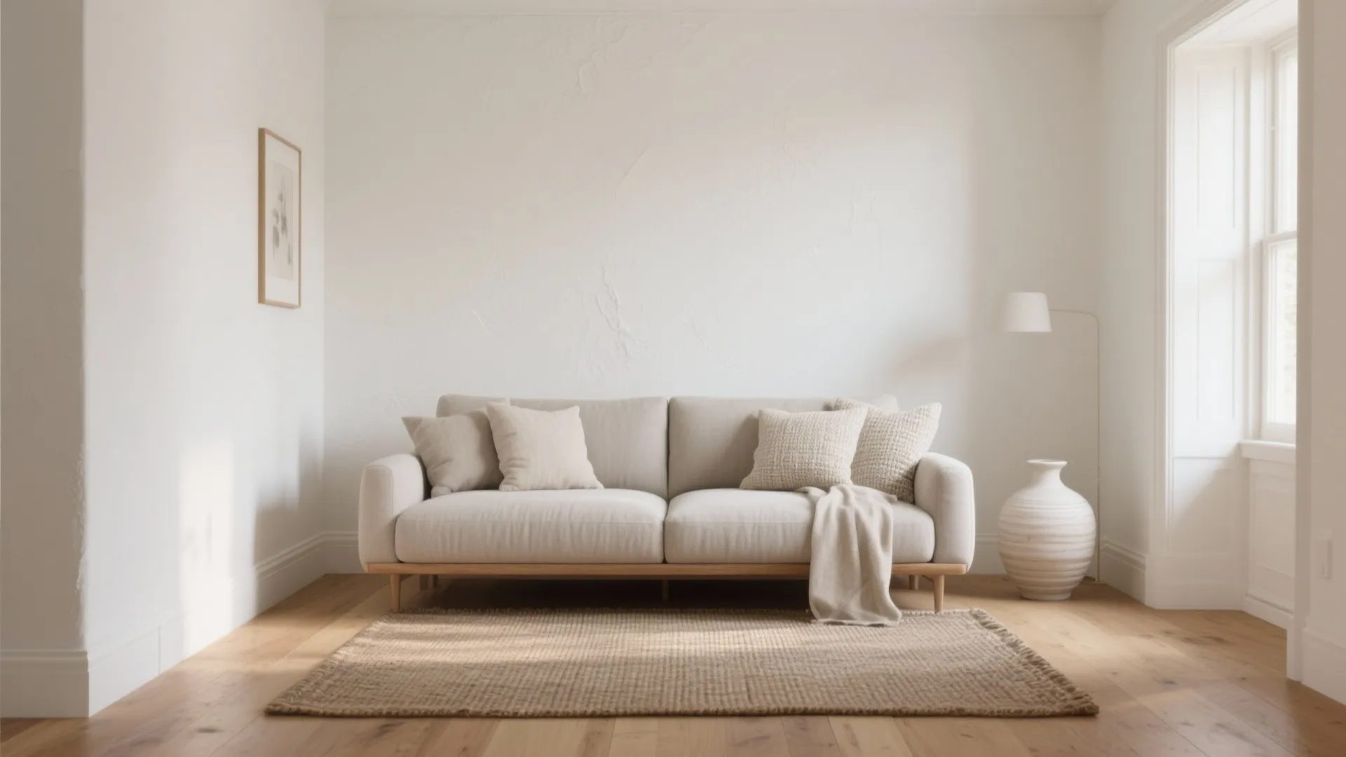 Minimalist living room featuring cream sofa with pillows, textured white wall, rug, and floor lamp