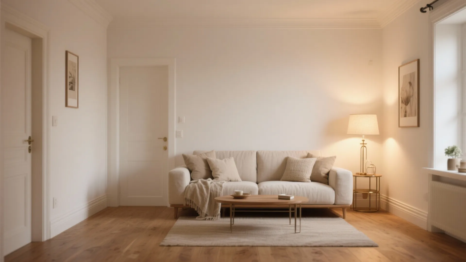 Minimalist cream living room with white sofa wooden coffee table floor lamp and beige carpet rug