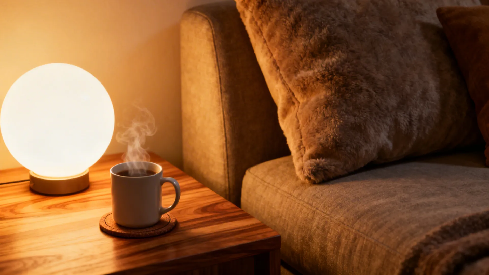Corner of a living room bathed in warm 2700K light highlighting wood and fabric textures.