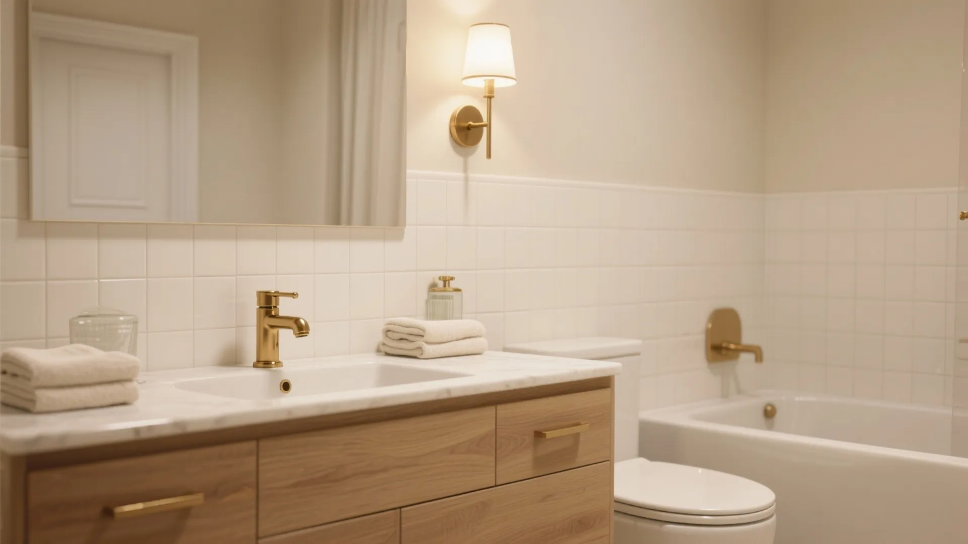 Warm bathroom interior with wooden cabinet gold tap white wall light toilet and white bathtub