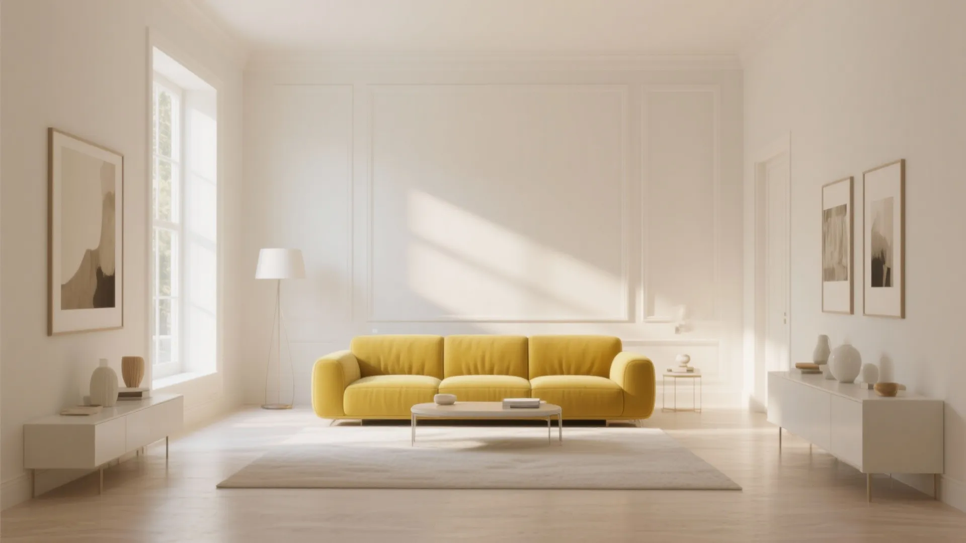 Bright living room with warm white walls and a statement sofa