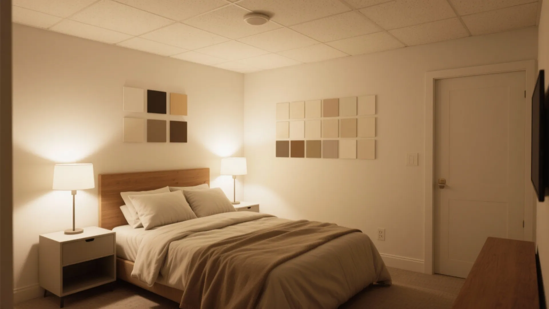 Cozy low-ceiling basement guest suite painted creamy warm white with soft lighting and sample boards.