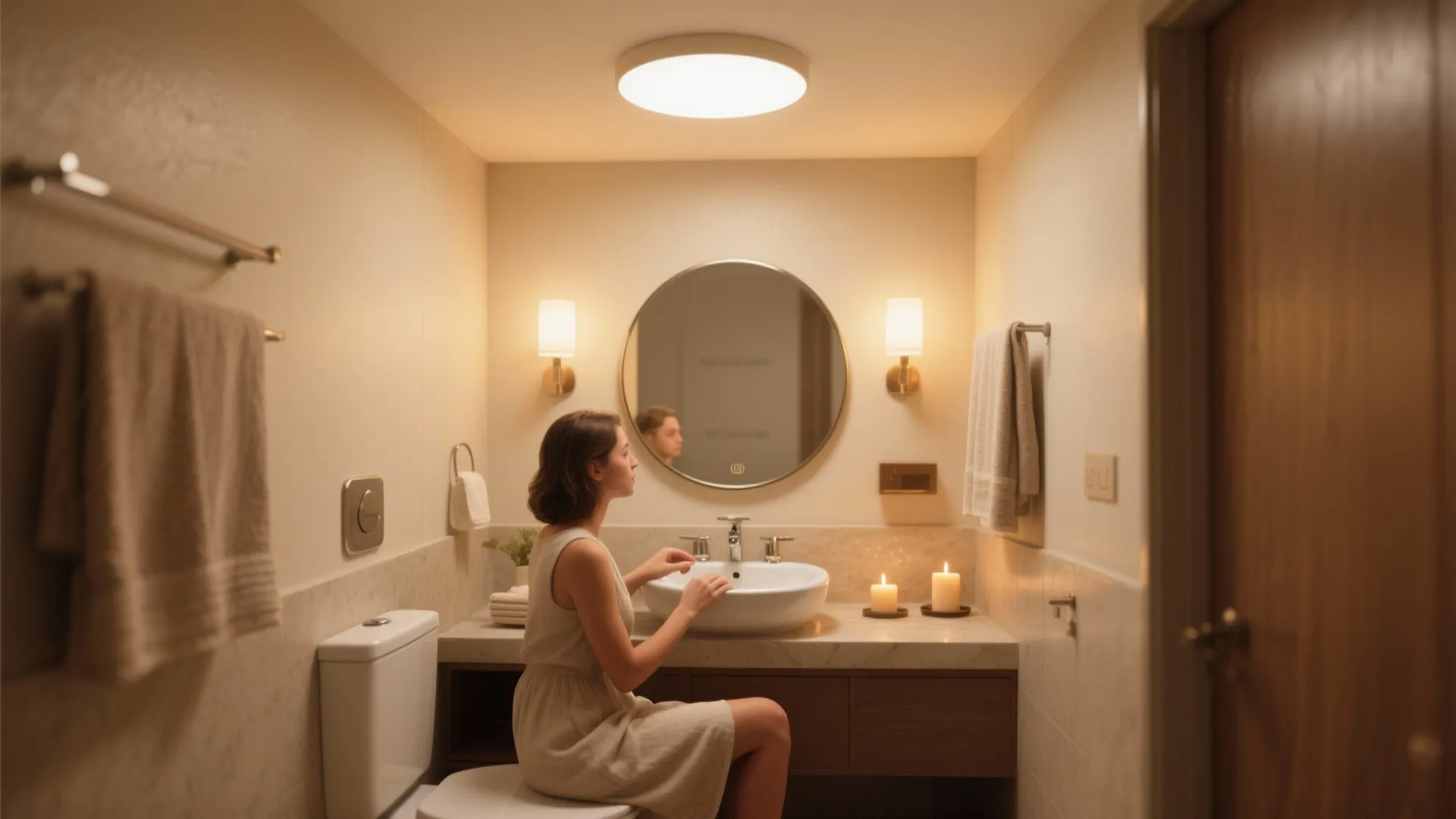 Woman sitting in a warm bathroom with round mirror two wall lights and a ceiling light