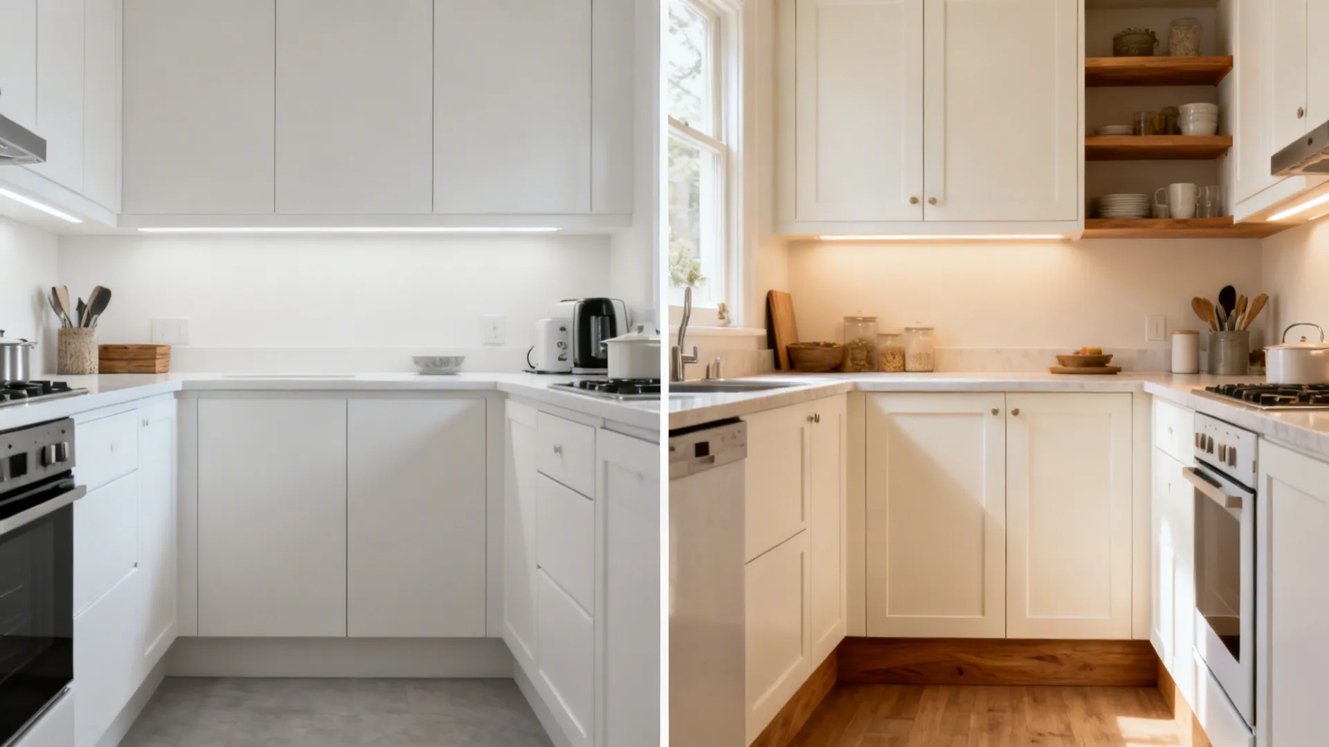 Before-and-after of a small kitchen shifting from cool stark white to warm white with wood accents.