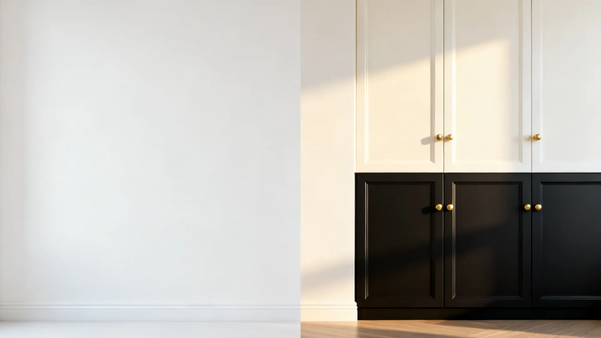 Side by side comparison of white wall versus white and black cabinets with gold handles