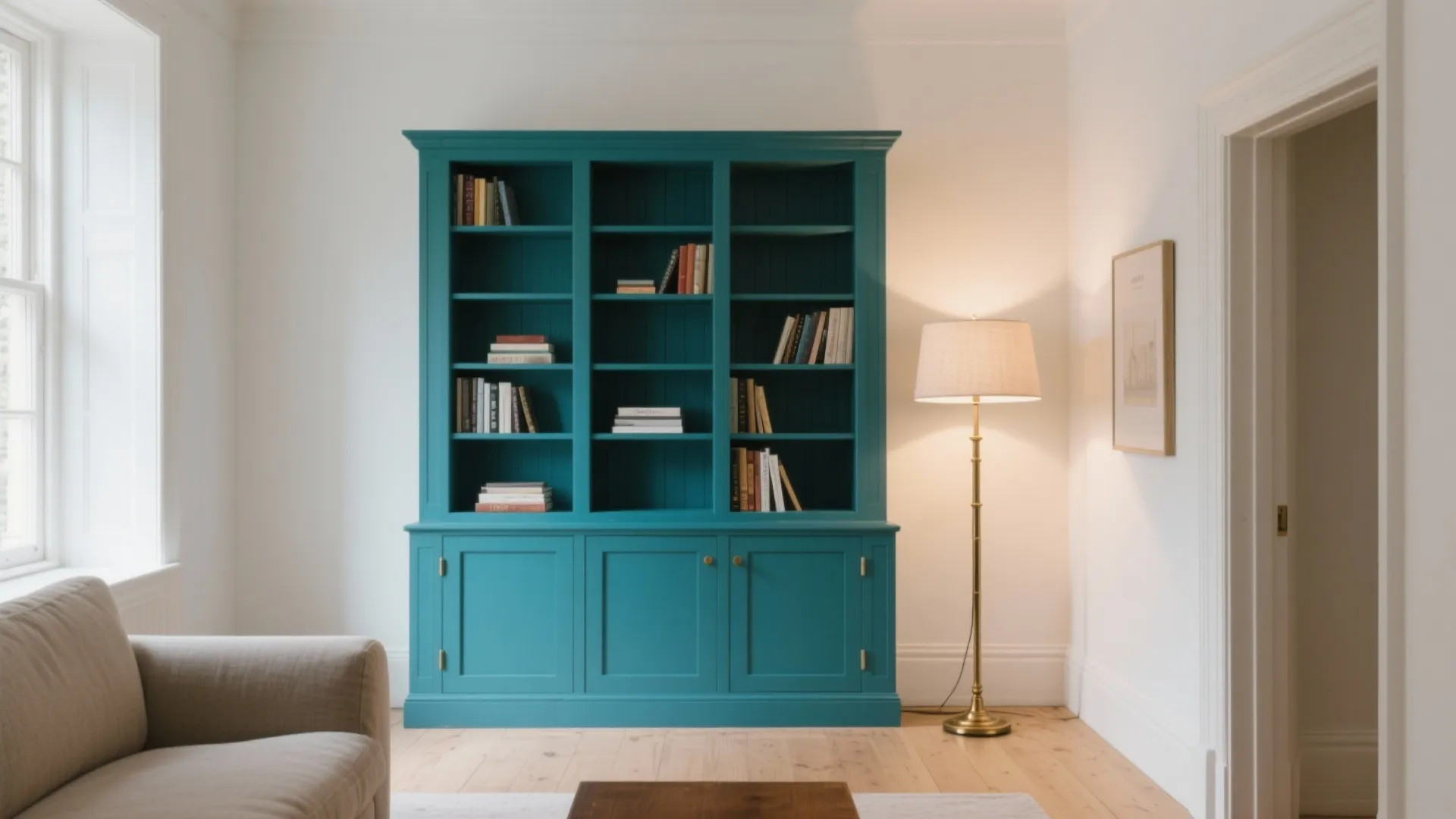 Teal blue cabinet with books near a floor lamp in a room with white walls
