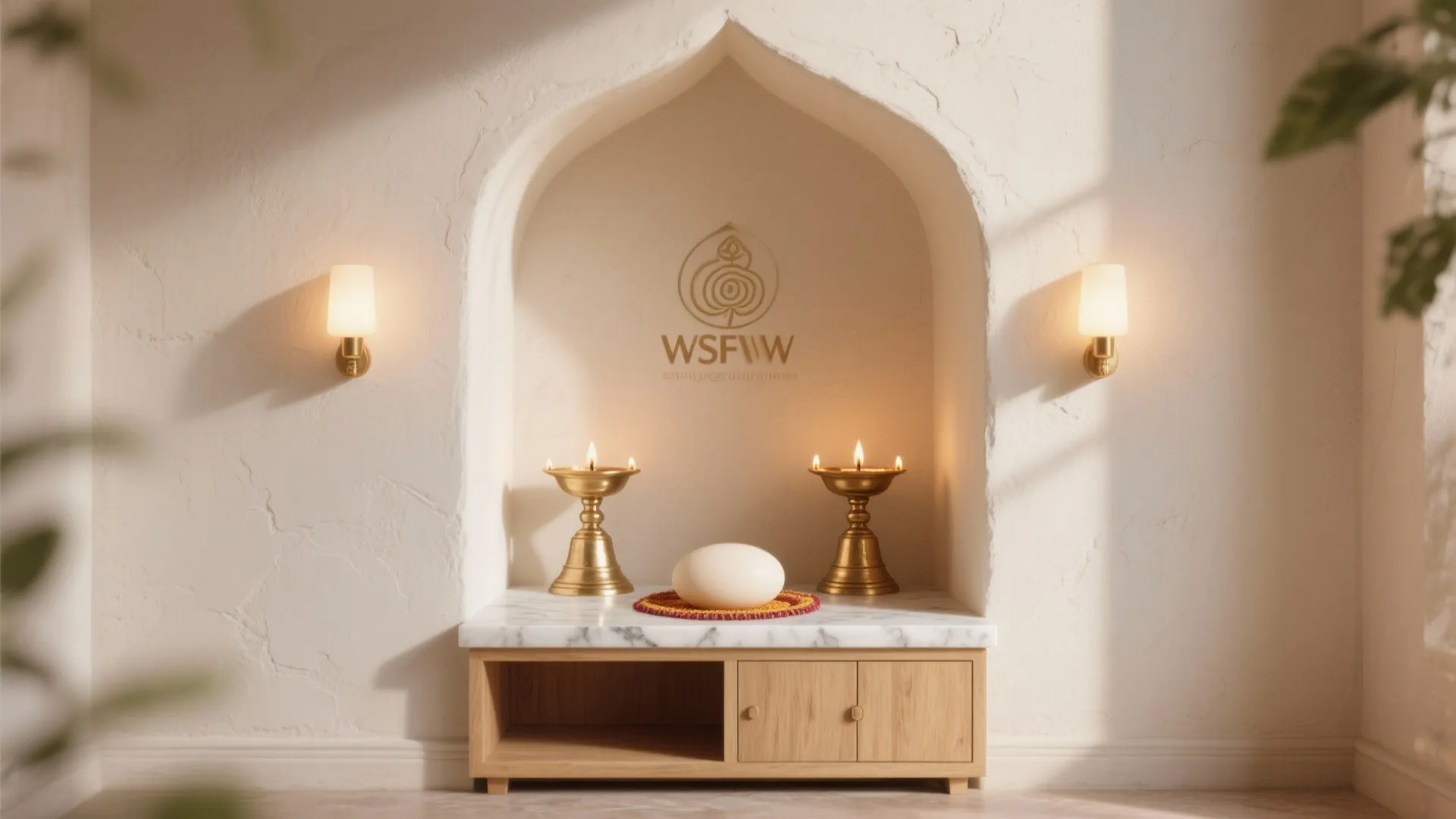 Elegant white wall niche featuring brass candle holders wooden cabinet marble top and warm wall lights