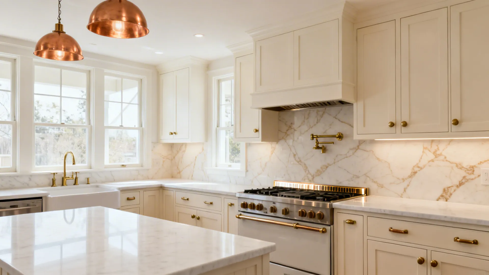 Warm white compact kitchen with brass pulls, copper pendants, and a warm-veined backsplash.