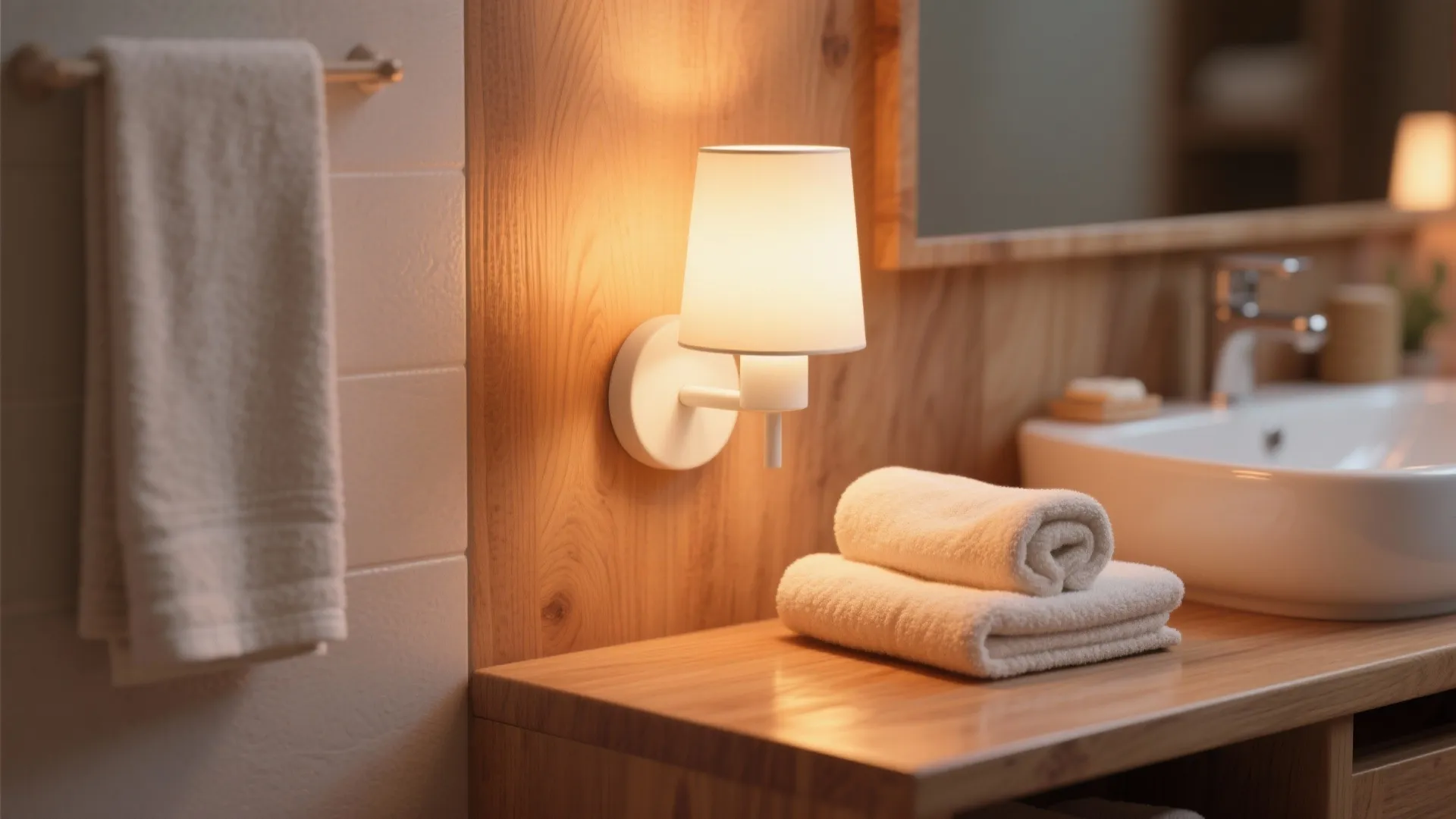 Warm wall light shining on a wooden counter with folded towels and a white sink