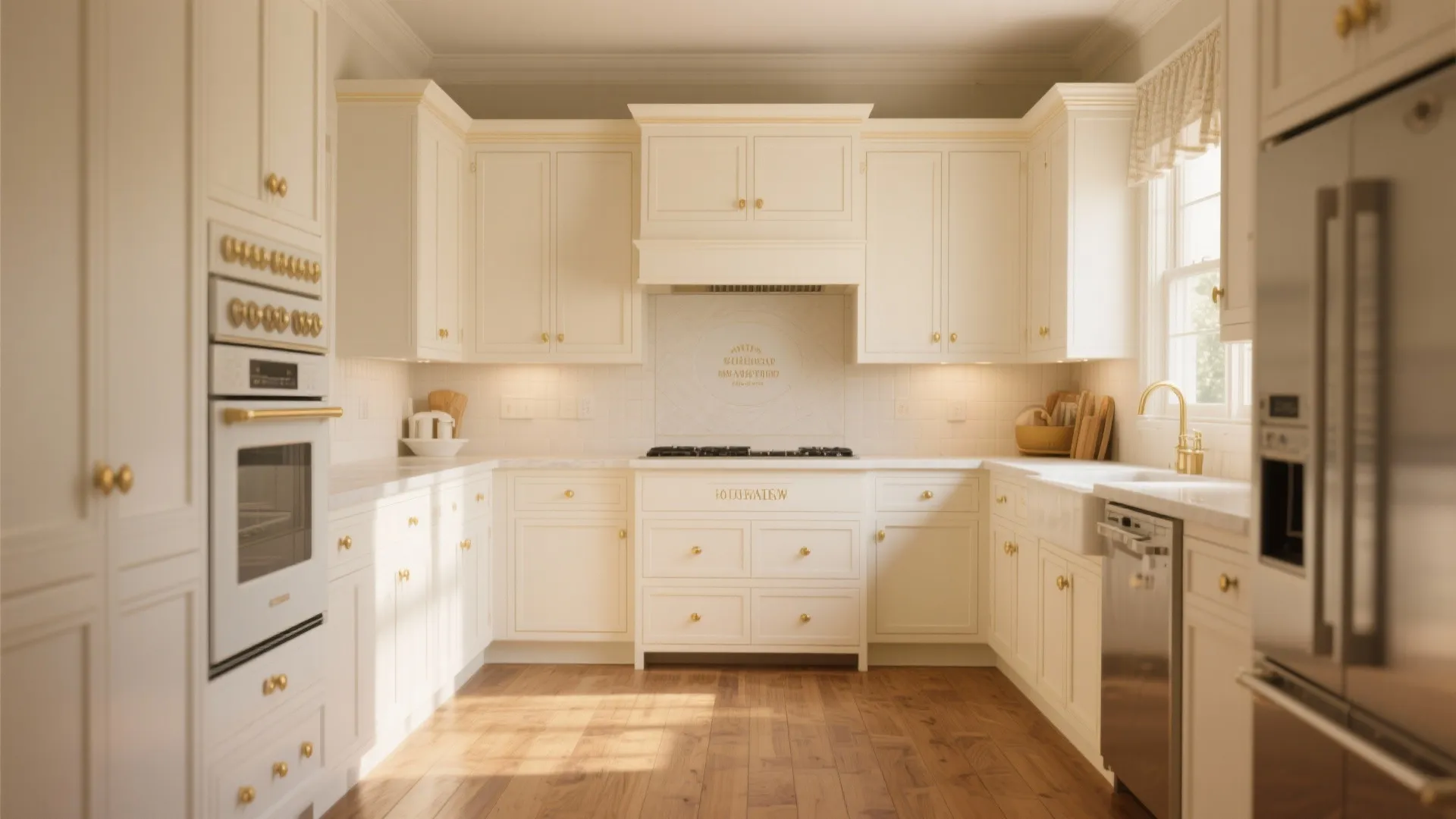 Bright white kitchen with gold handles wooden floors large windows and a clean modern stove