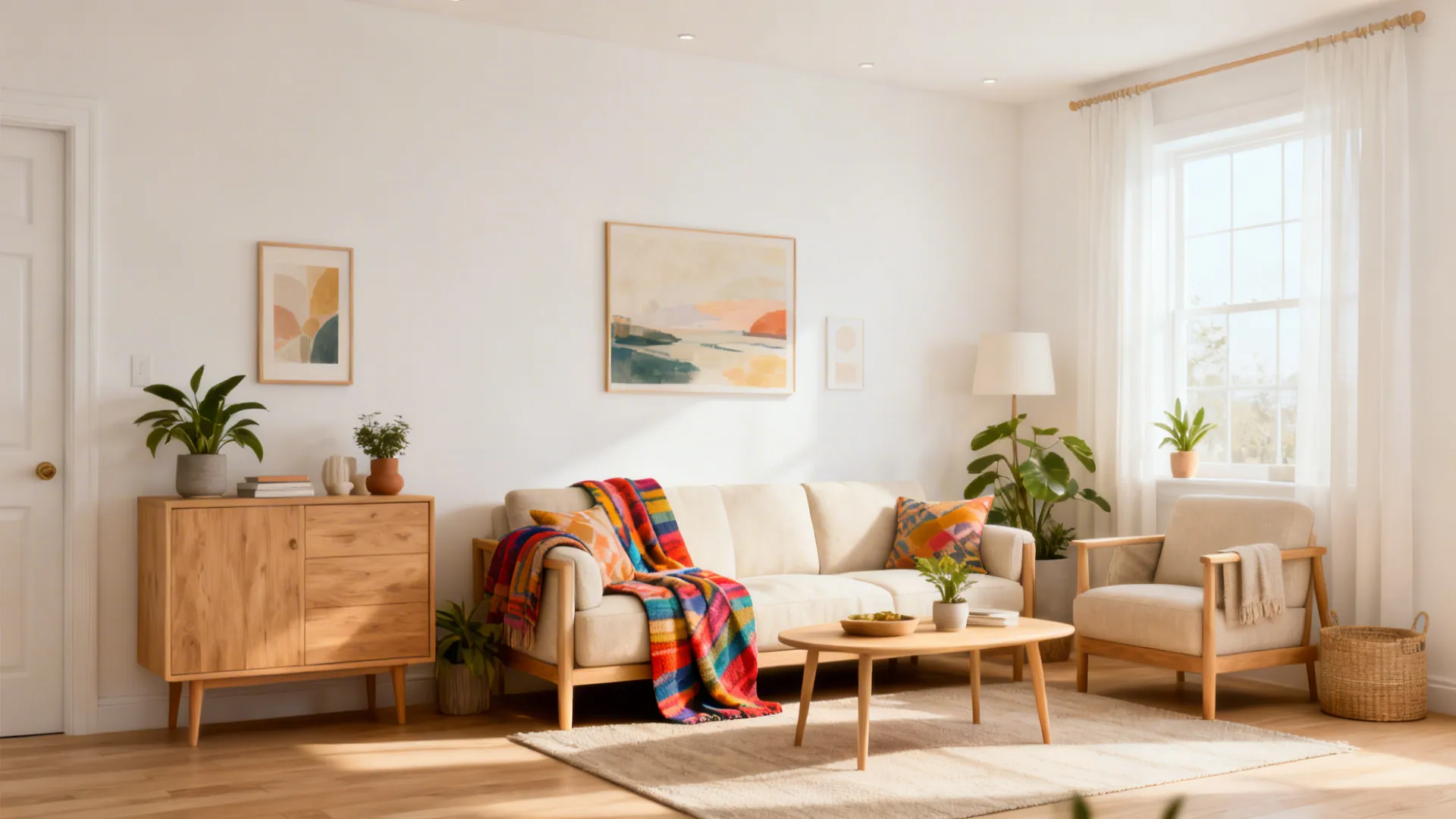 Bright living room with beige sofa colorful blanket wooden cabinet green plants and large glass window