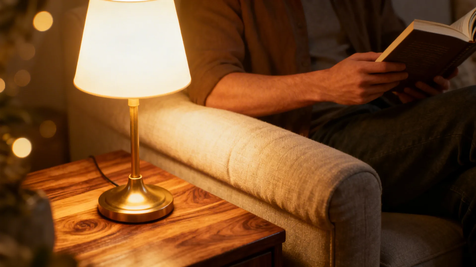 Warm white table lamp lighting a wooden side table and fabric sofa, creating a cozy intimate corner.