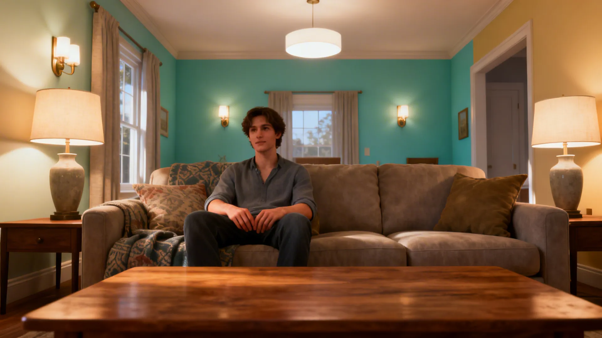 Cozy living corner lit by warm white lamps and sconces creating flattering, inviting tones.