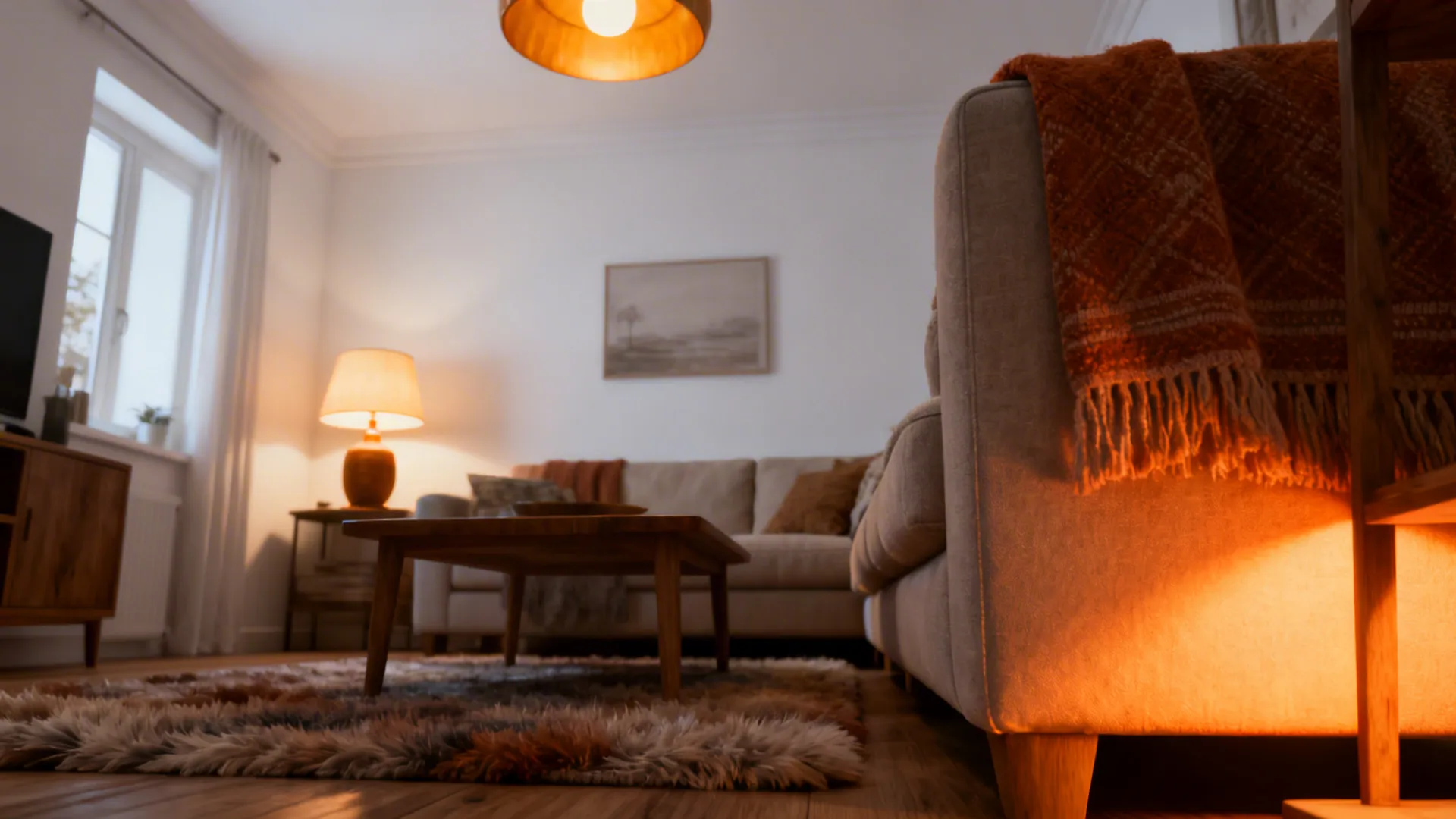 Cozy small living room bathed in warm white light highlighting wood tones and warm textiles.