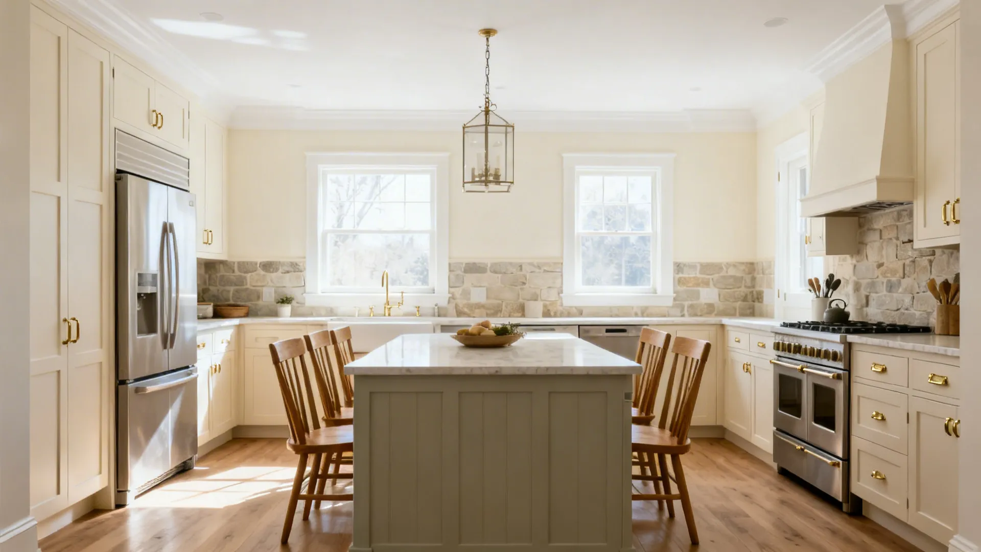 Warm white kitchen-dining combo with creamy walls, stone backsplash, and oak chairs in soft daylight.
