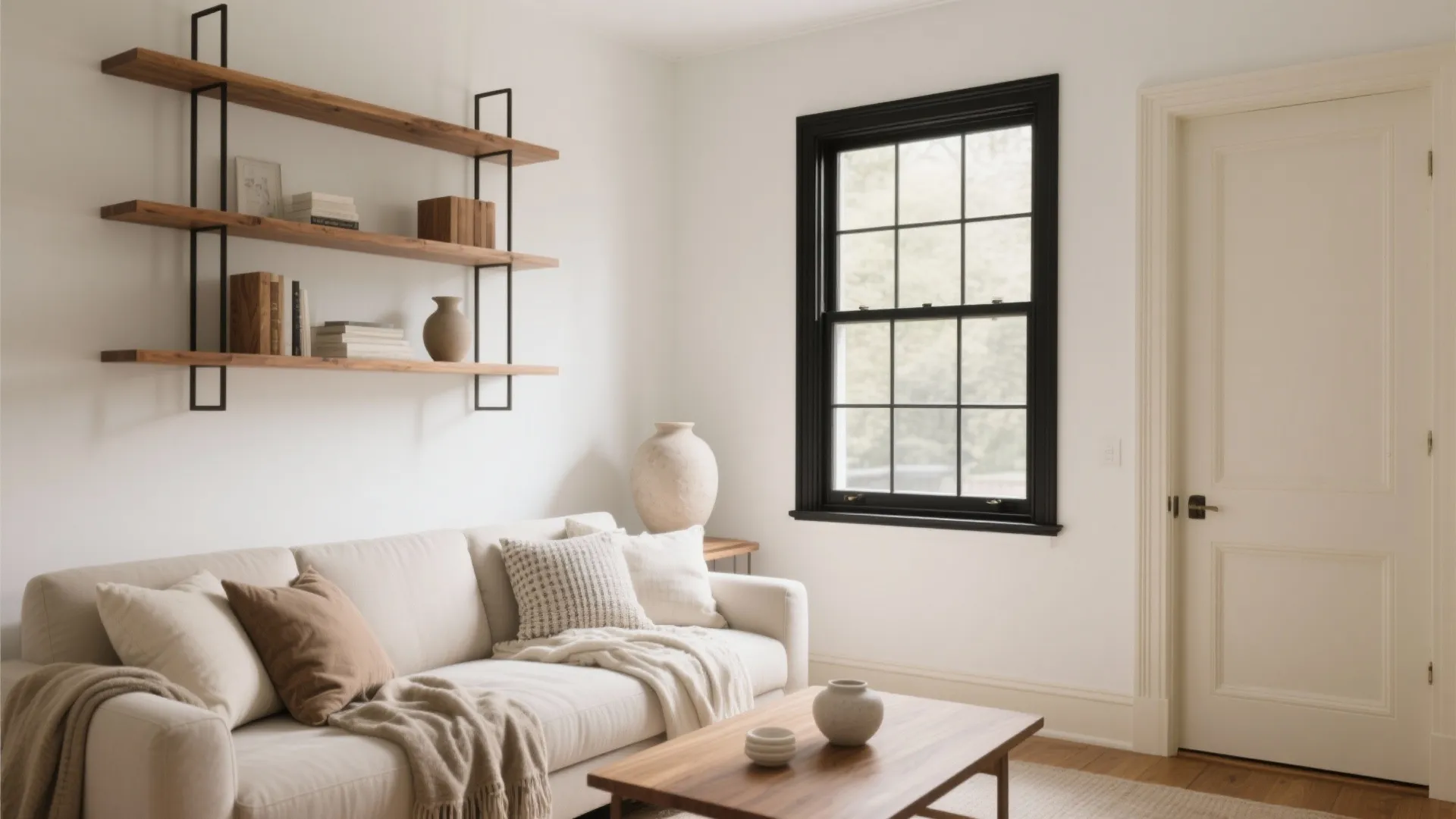 Warm white living room walls with creamy trim, black window frames, and oak shelving.