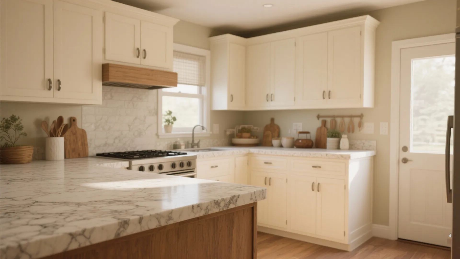 1. Warm white cabinets + creamy granite