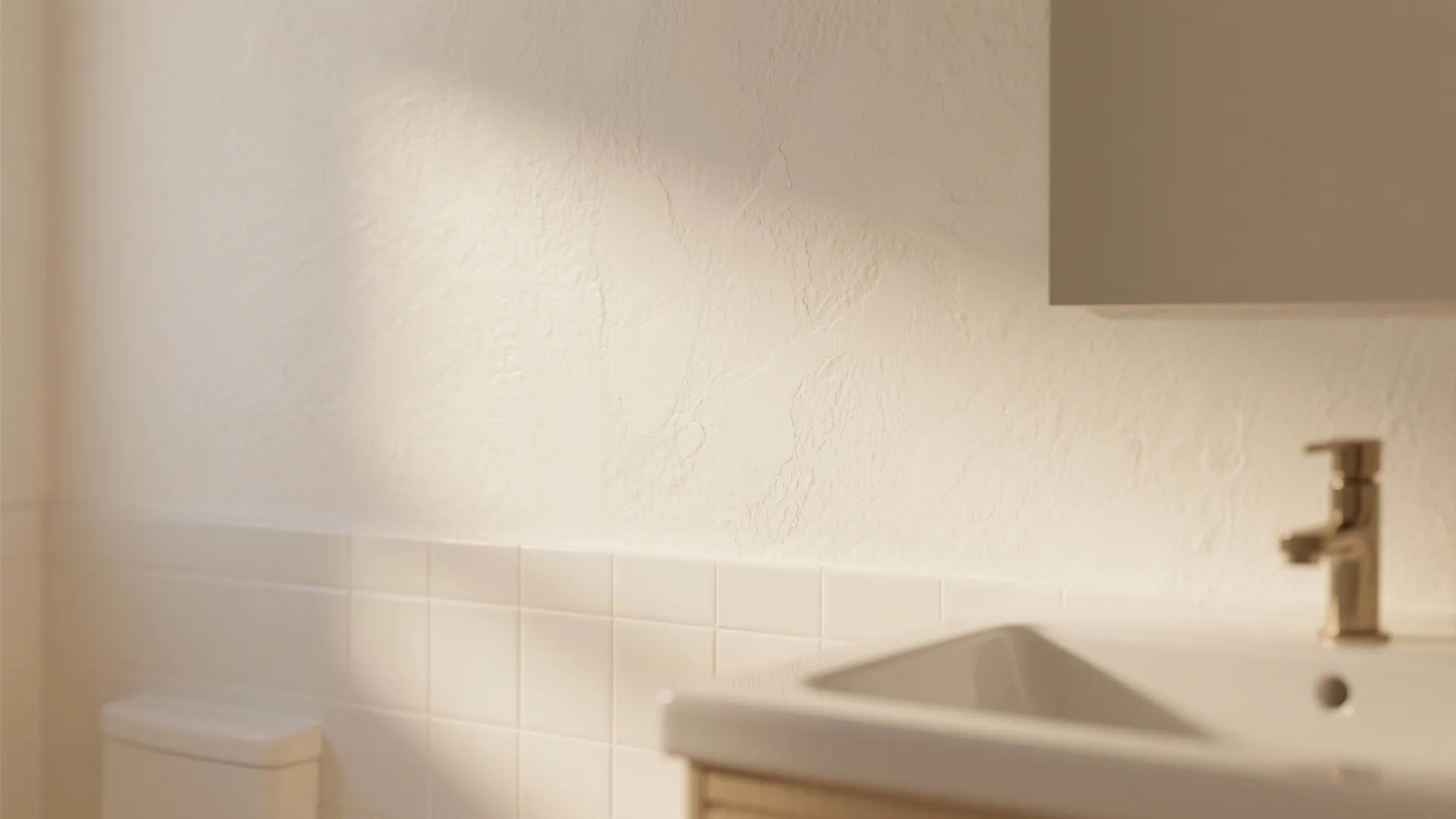 Close-up of a warm white bathroom wall with semi-gloss texture near a sink.
