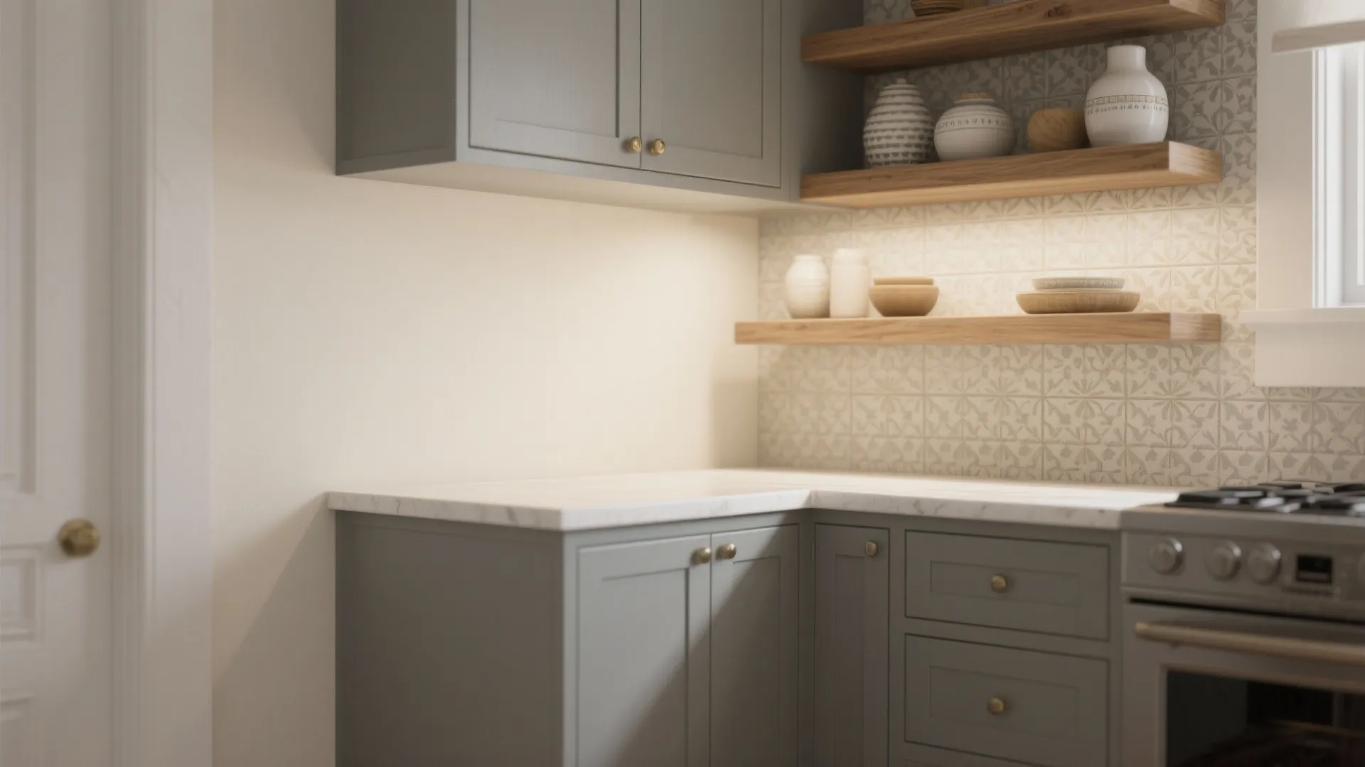 Modern kitchen corner with grey cabinets white marble countertop wooden shelves and patterned wall tiles