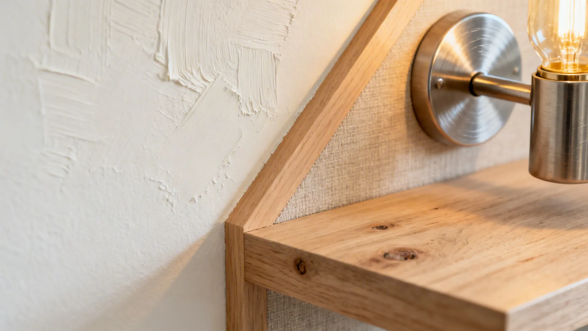 Macro of creamy matte wall paint with oak shelf and brushed nickel sconce.