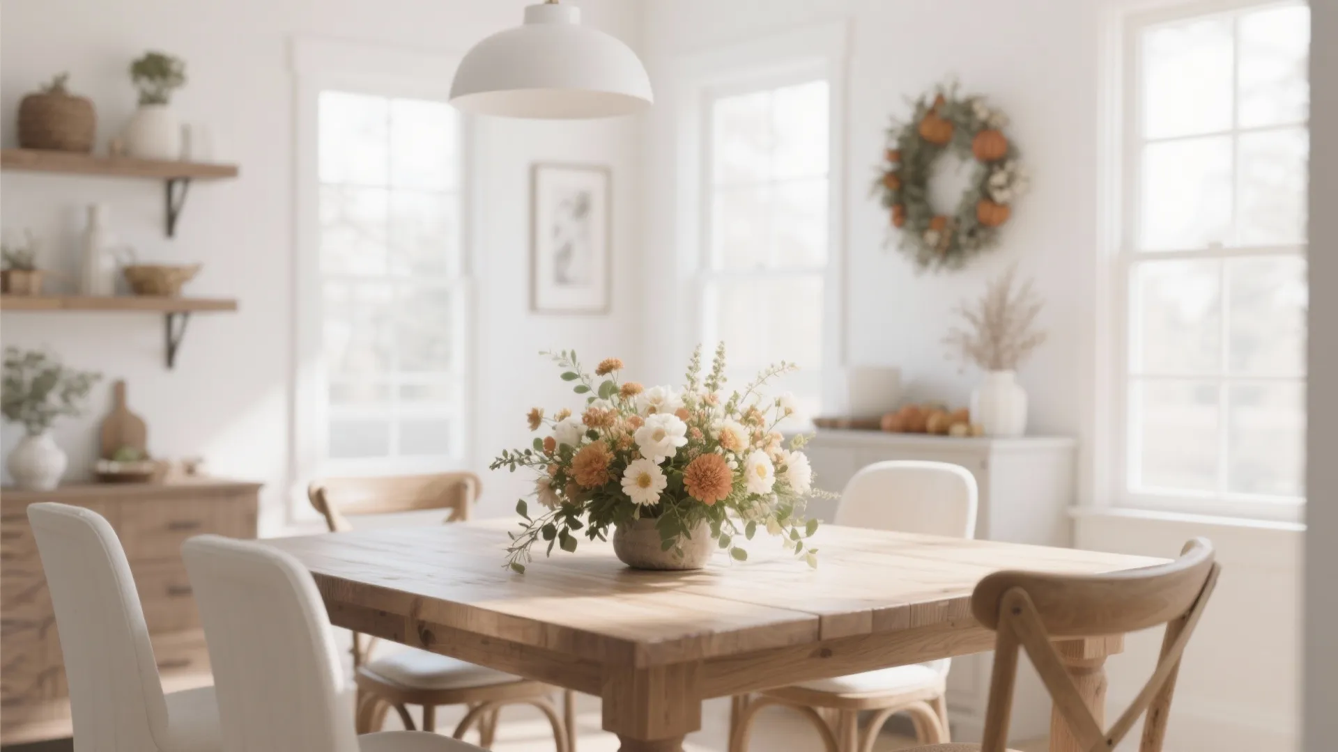 Airy dining room with warm white walls and wooden furniture