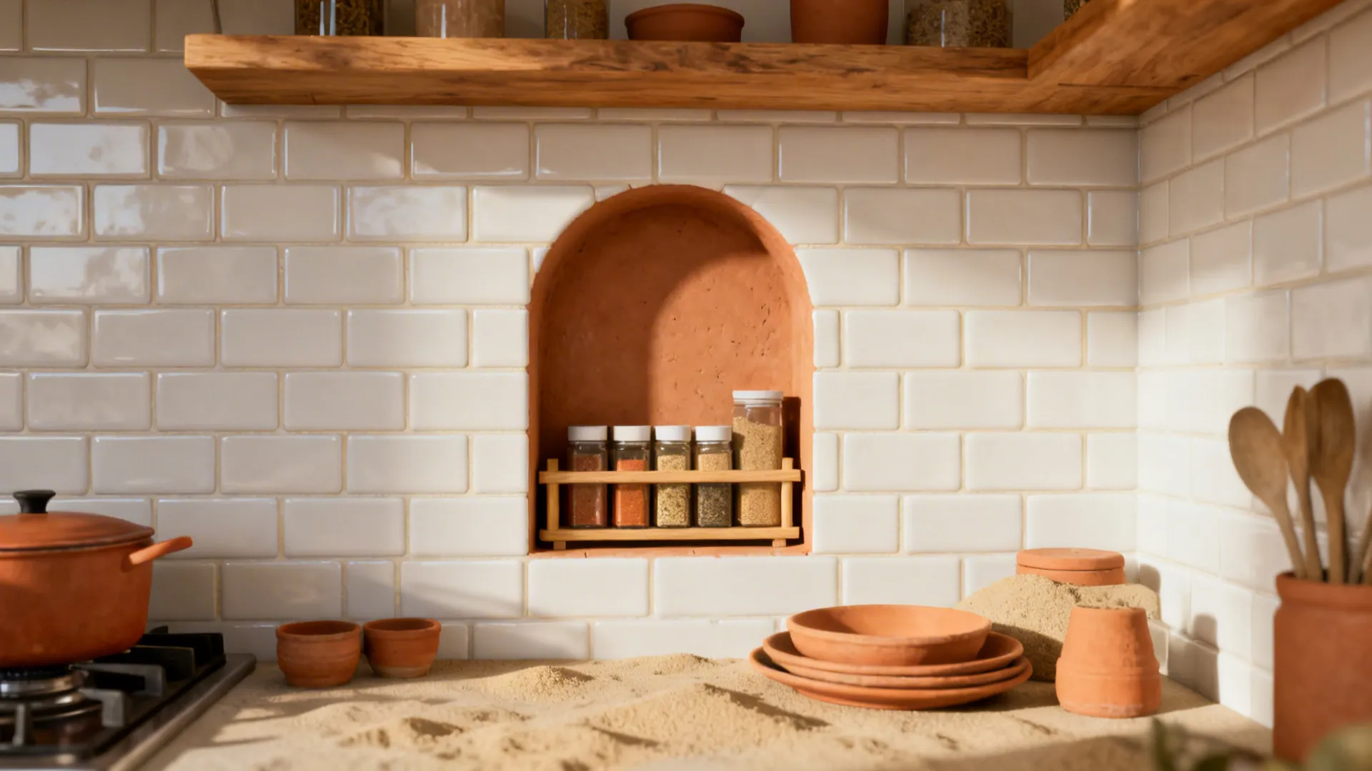 Matte off-white subway tiles with clay-toned niche and warm wood accents in a compact kitchen.