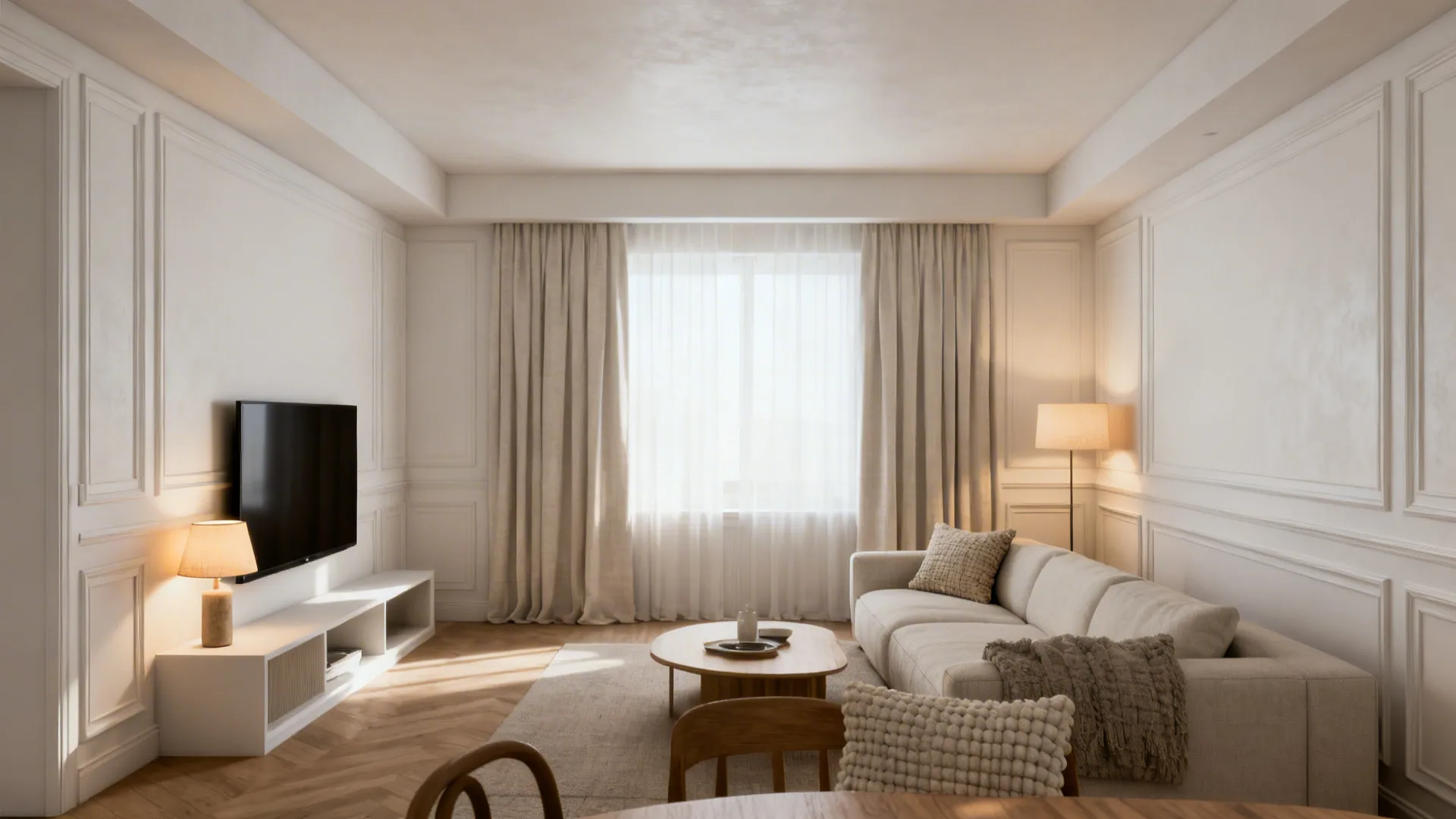 Warm white monochrome living room with walls, trim, and media niche unified for a seamless look.