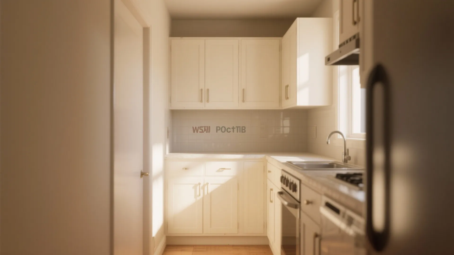 Small warm white kitchen interior design drawing with cream cabinets metal sink and natural sunlight shining