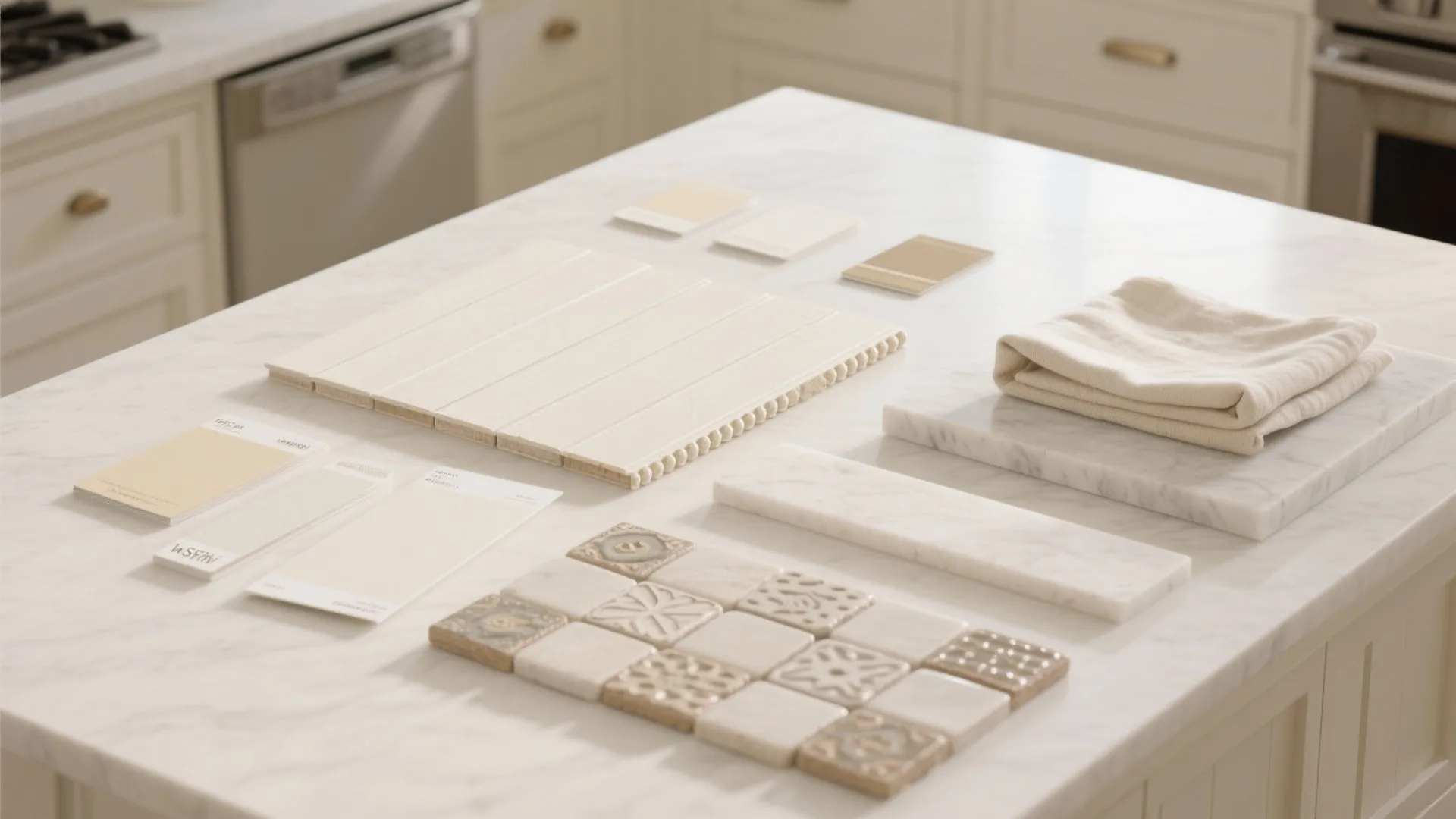 Interior design material board showing marble tiles paint color samples fabric and white wall panel