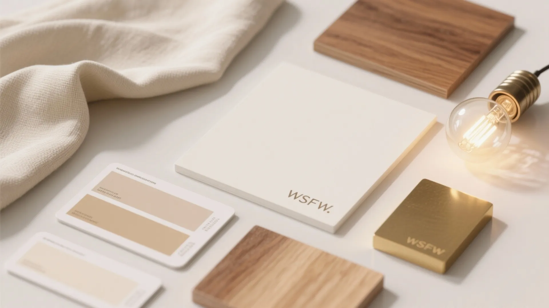 Flatlay of warm white paint swatches with linen and oak accents in soft daylight.