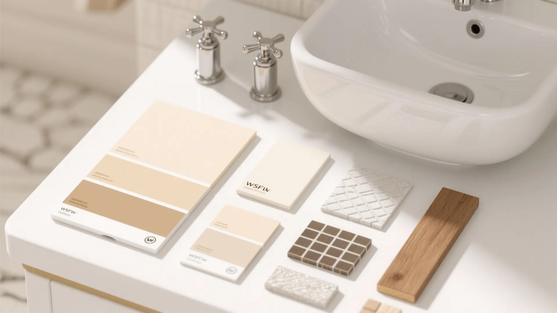 Interior design materials including beige color swatches and tiles arranged on a white bathroom counter