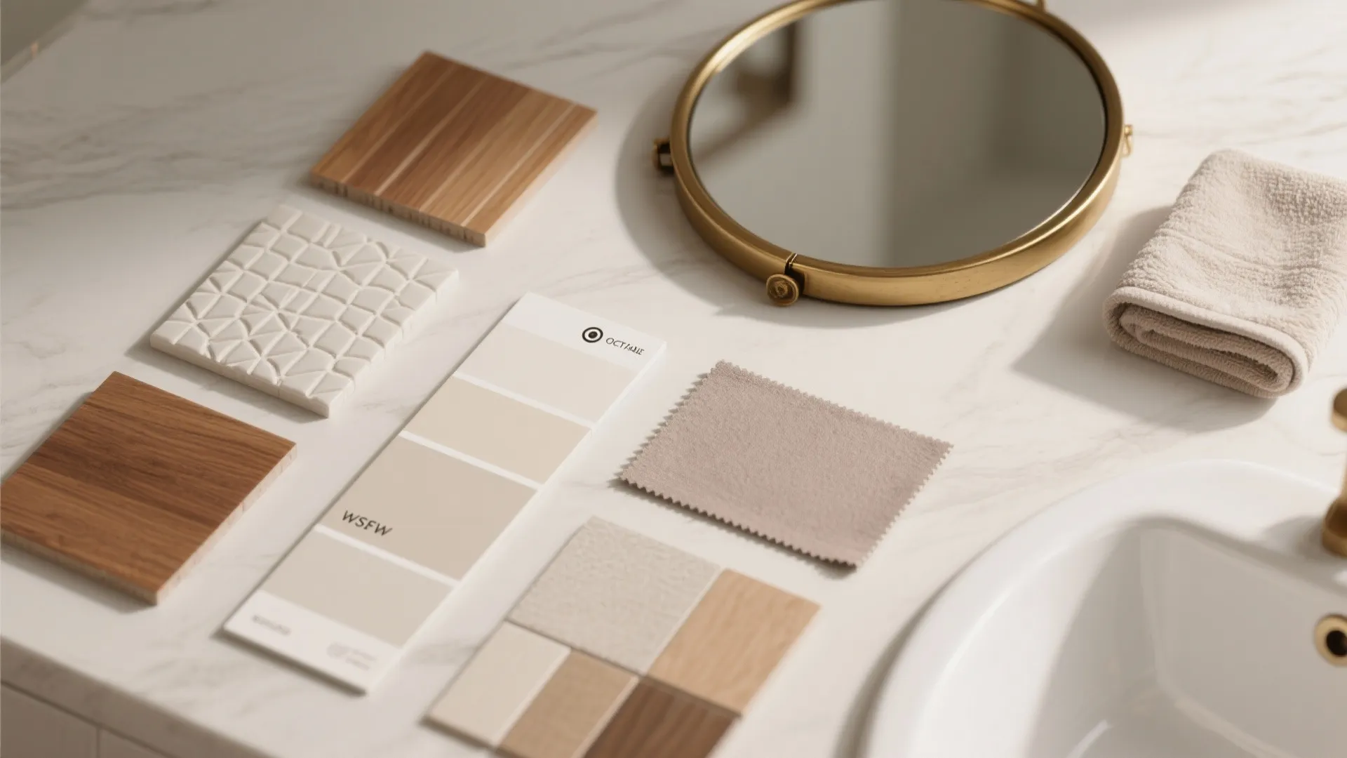 Material mood board with wood samples fabric tiles paint colors and gold mirror on marble