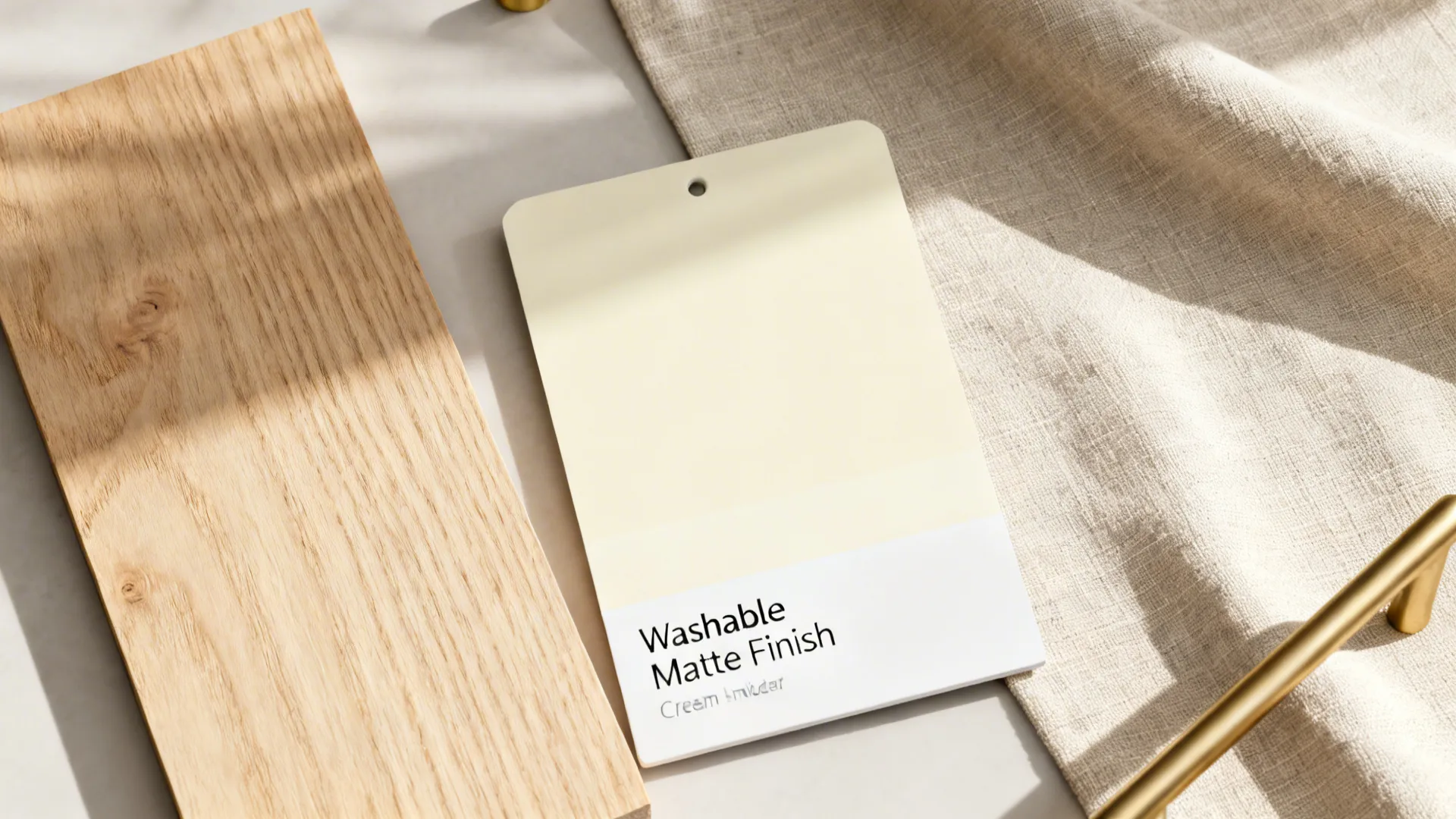 Flat lay showing cream paint sample light wood board beige linen fabric and gold handle