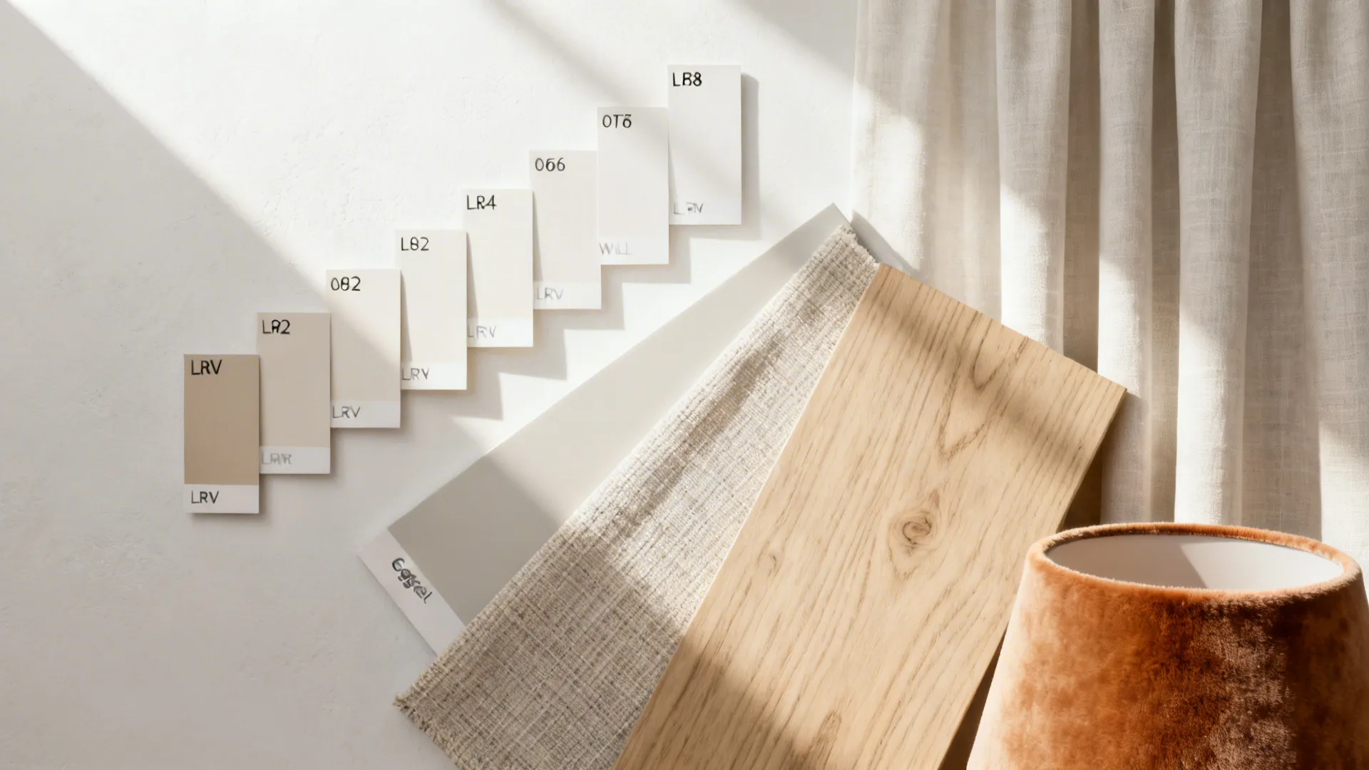 Flat lay of warm white paint chips, ceiling and wall sheen samples, linen and oak for a monochrome envelope.