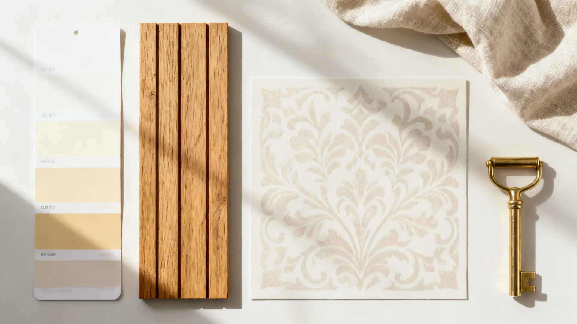 Flat lay of creamy white swatches, oak batten, tone-on-tone stencil, linen, and brass.