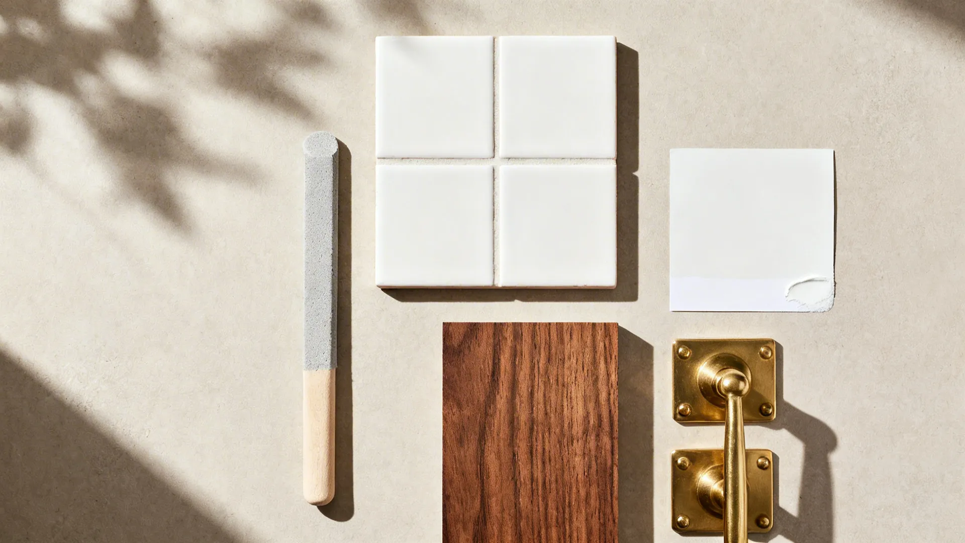Flatlay with warm-white tile, gray grout, walnut wood, brass, and white paint chip.