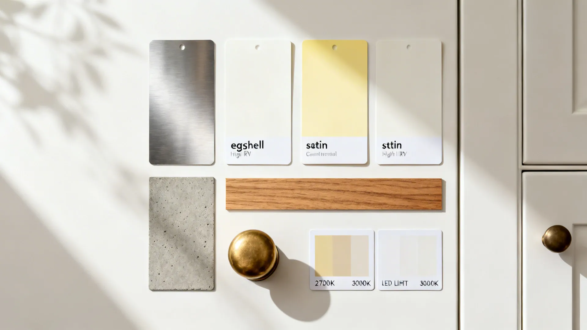 Warm white paint swatches, low-sheen enamel finishes, stainless and brass samples styled in a flat lay.