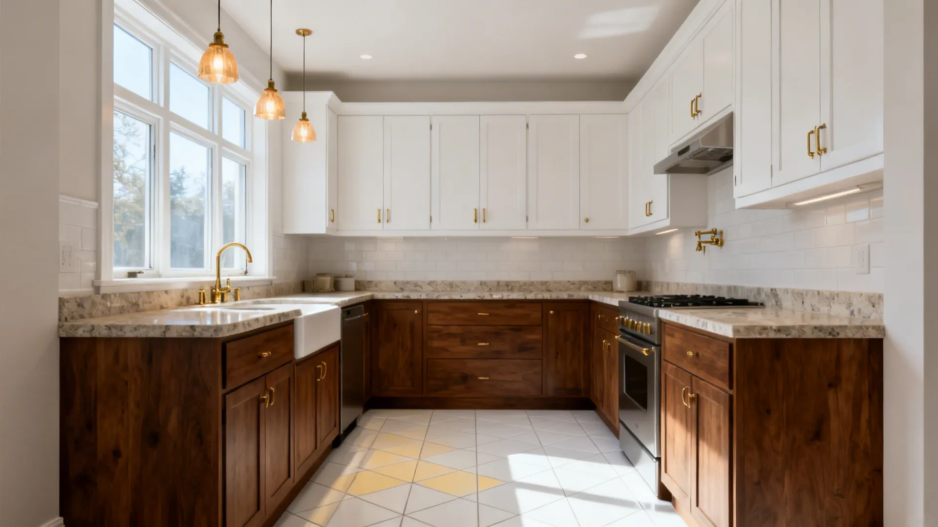 Small kitchen with warm-white floor tiles pairing with walnut and white cabinets.